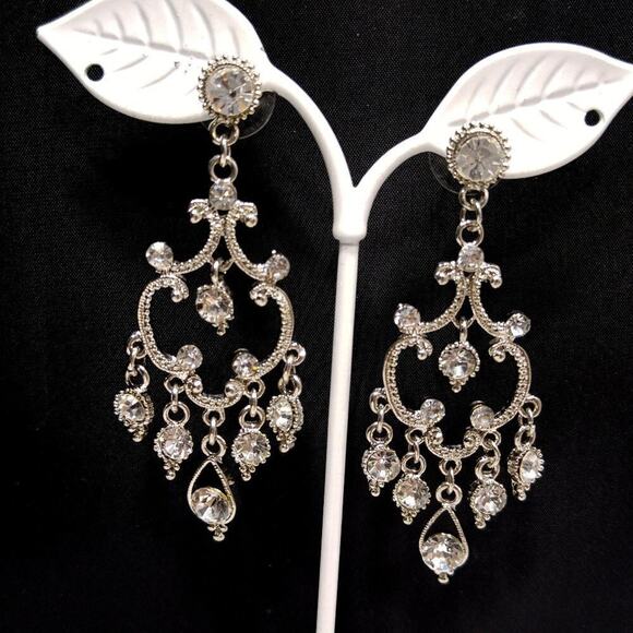 Dangle Earrings Clear Rhinestones Silver Tone, 2 3/4 Inch, Formal Wedding Posts - Picture 3 of 8